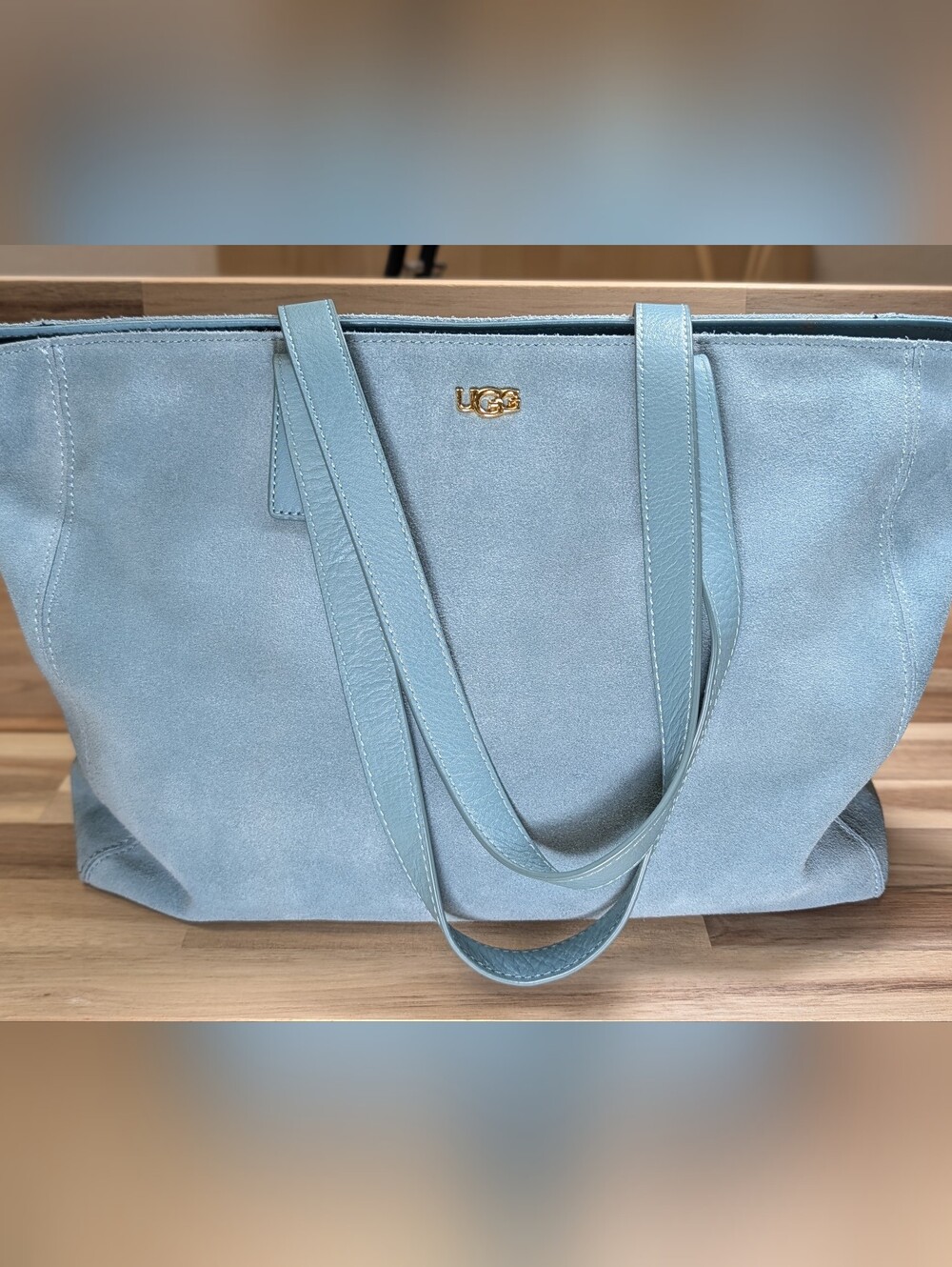 UGG Powder Blue Suede Tote with Gold Logo